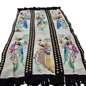 VTG Handmade Heavy 52x75 Peacock Knit Crochet Blanket Throw Floral Bird w/Fringe